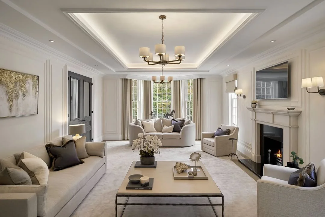 Elegant Living Room with Coffered Ceiling and Bay Window