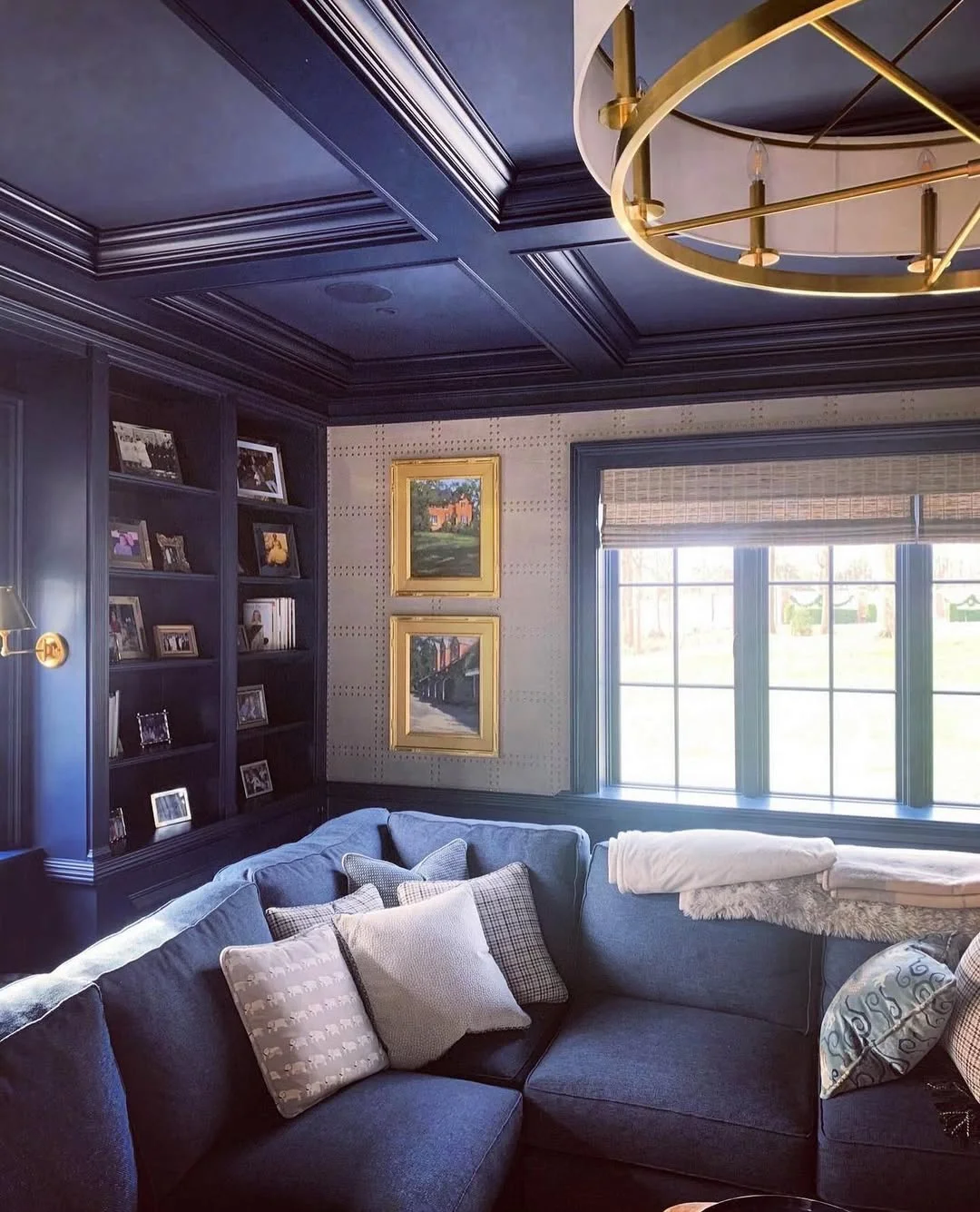 Navy Coffered Ceiling Living Room