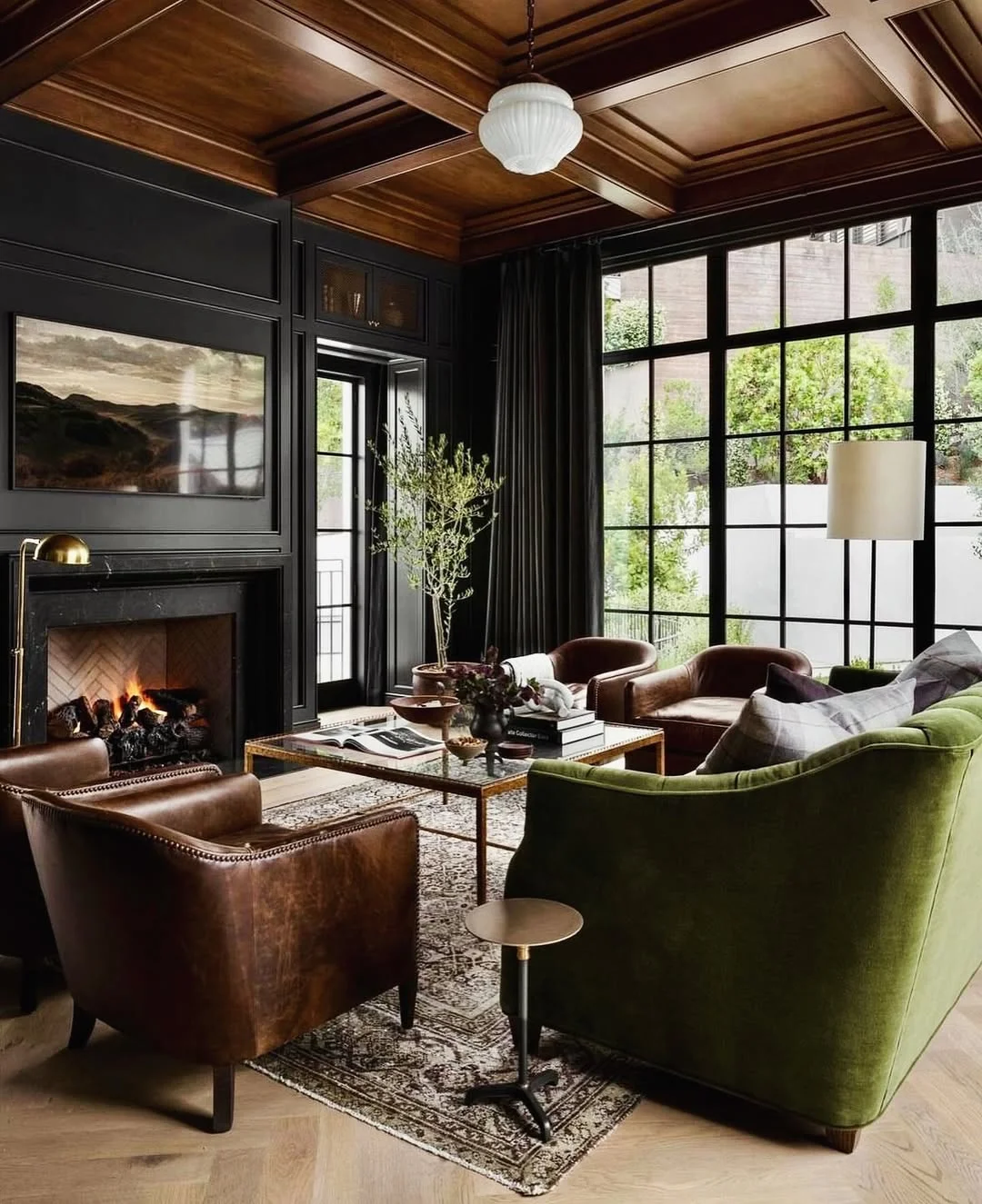 Moody Living Room with Wood Coffered Ceiling and Green Velvet Sofa