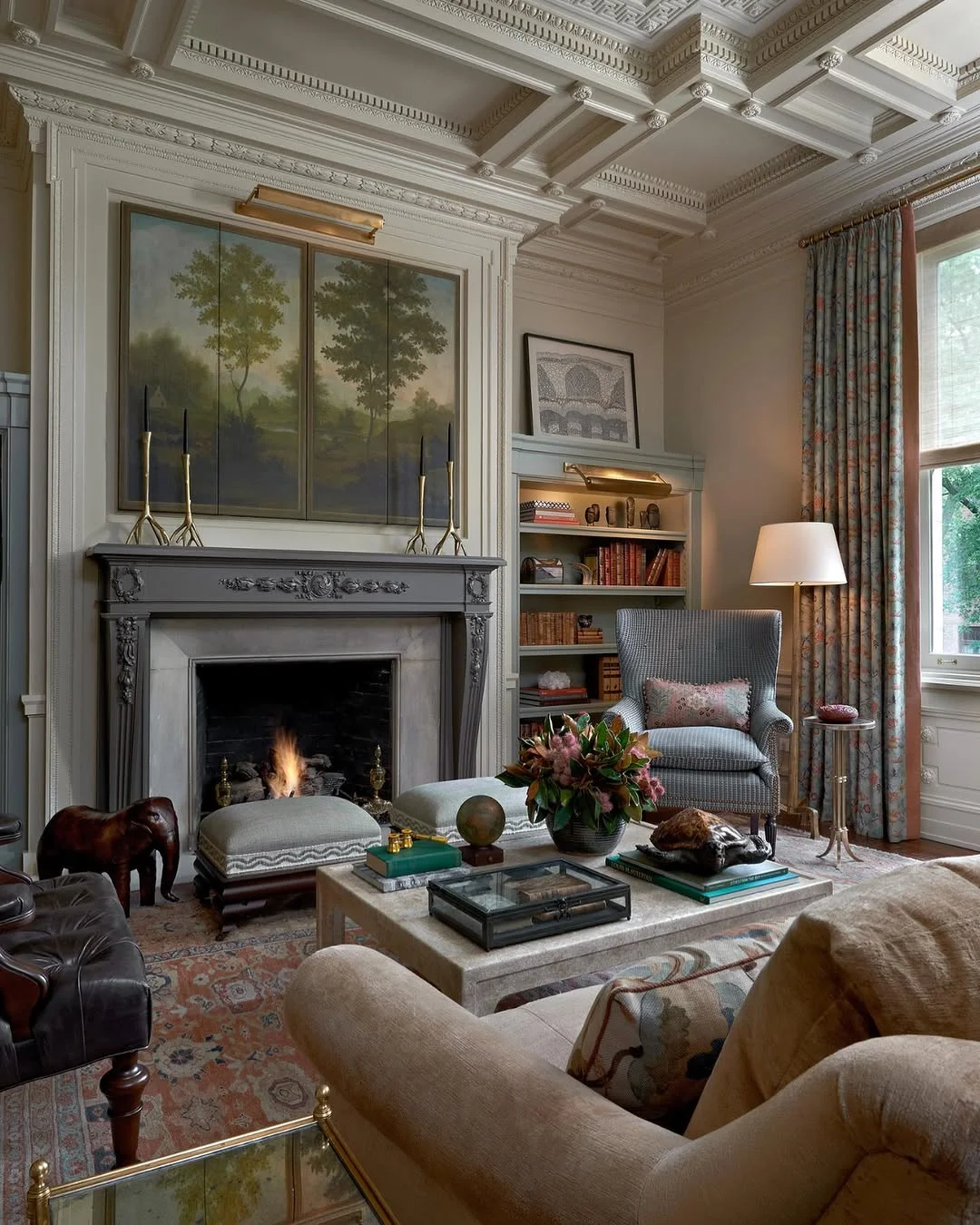 Grand Traditional Living Room with Ornate Coffered Ceiling