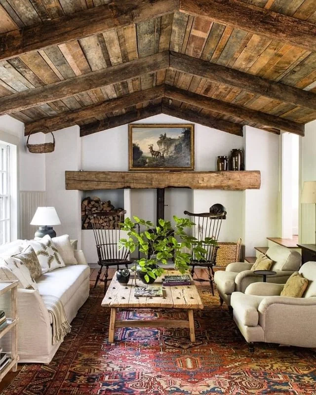 Rustic Cottage Living Room with Wood Beam Ceiling