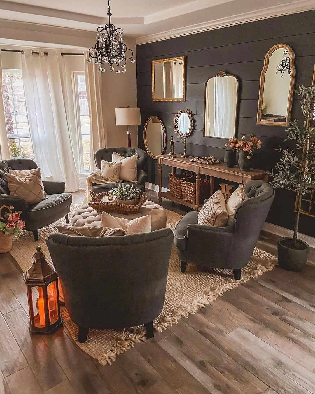 Dramatic Cottage Living Room with Dark Accent Wall