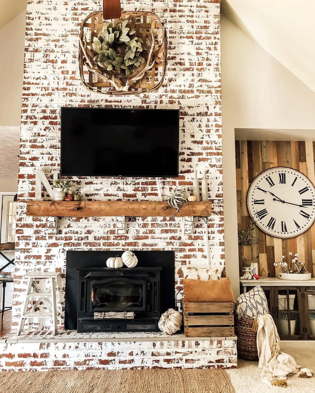 Farmhouse Style Living Room with Whitewashed Brick Fireplace