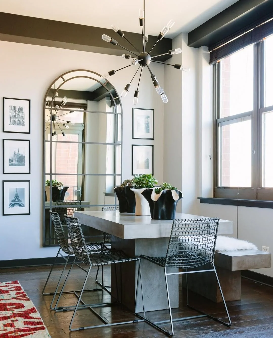 Industrial Chic Dining Room with Arched Window Mirror