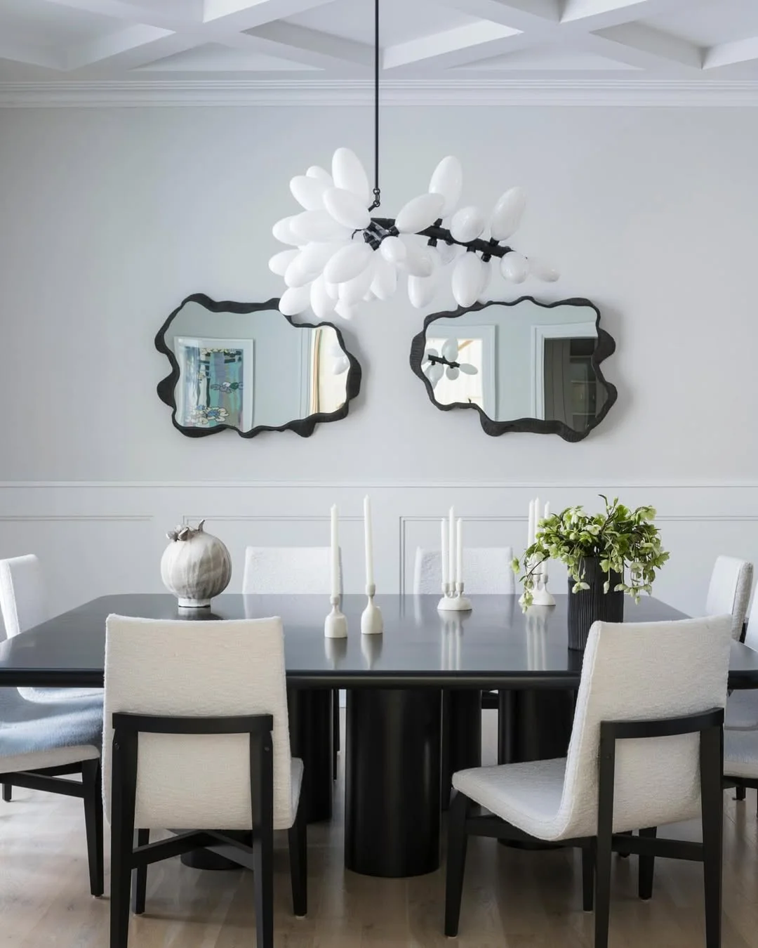 Modern Dining Room with Amorphous Mirrors and Sculptural Chandelier