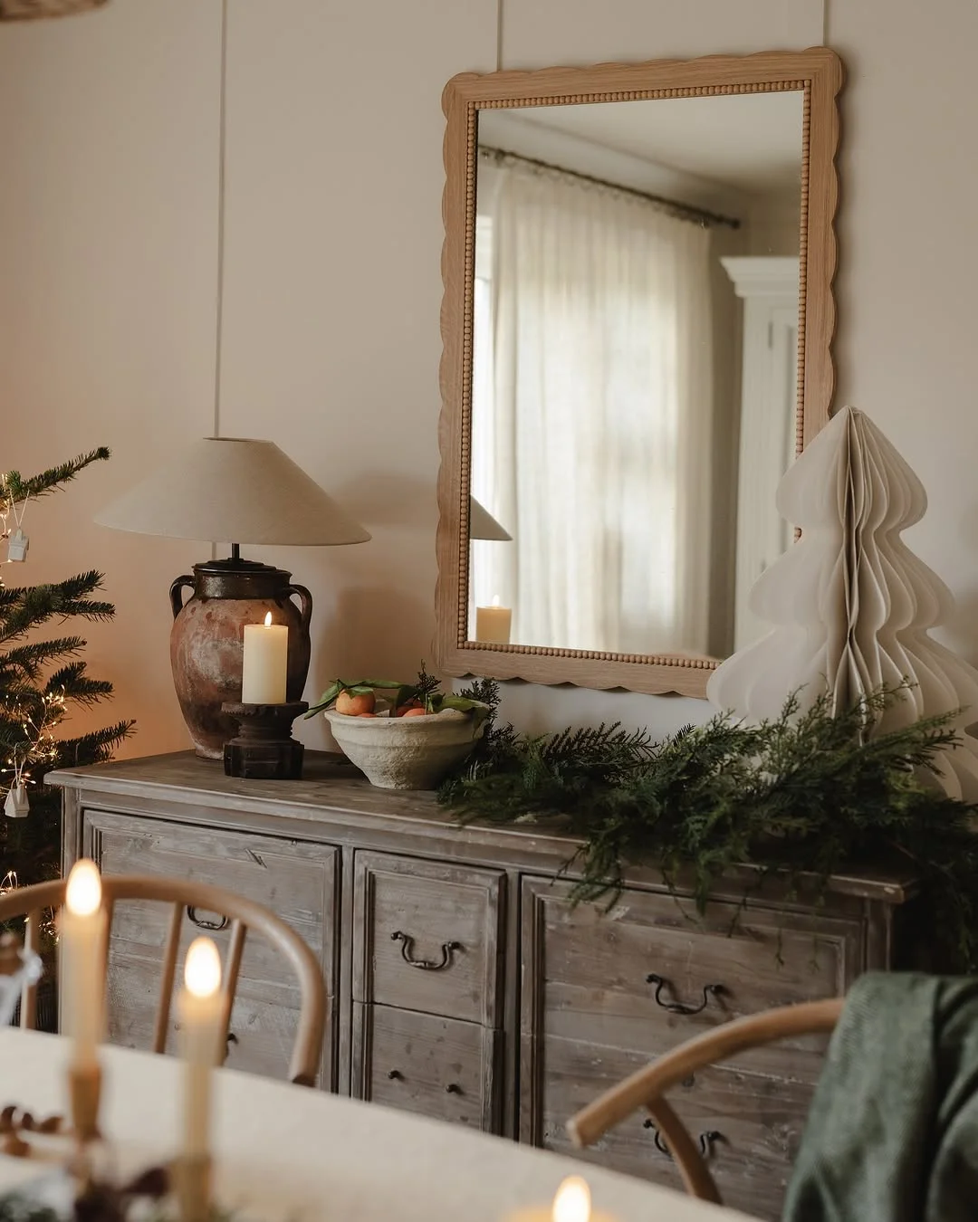 Rustic Farmhouse Christmas Dining Room with Scalloped Mirror