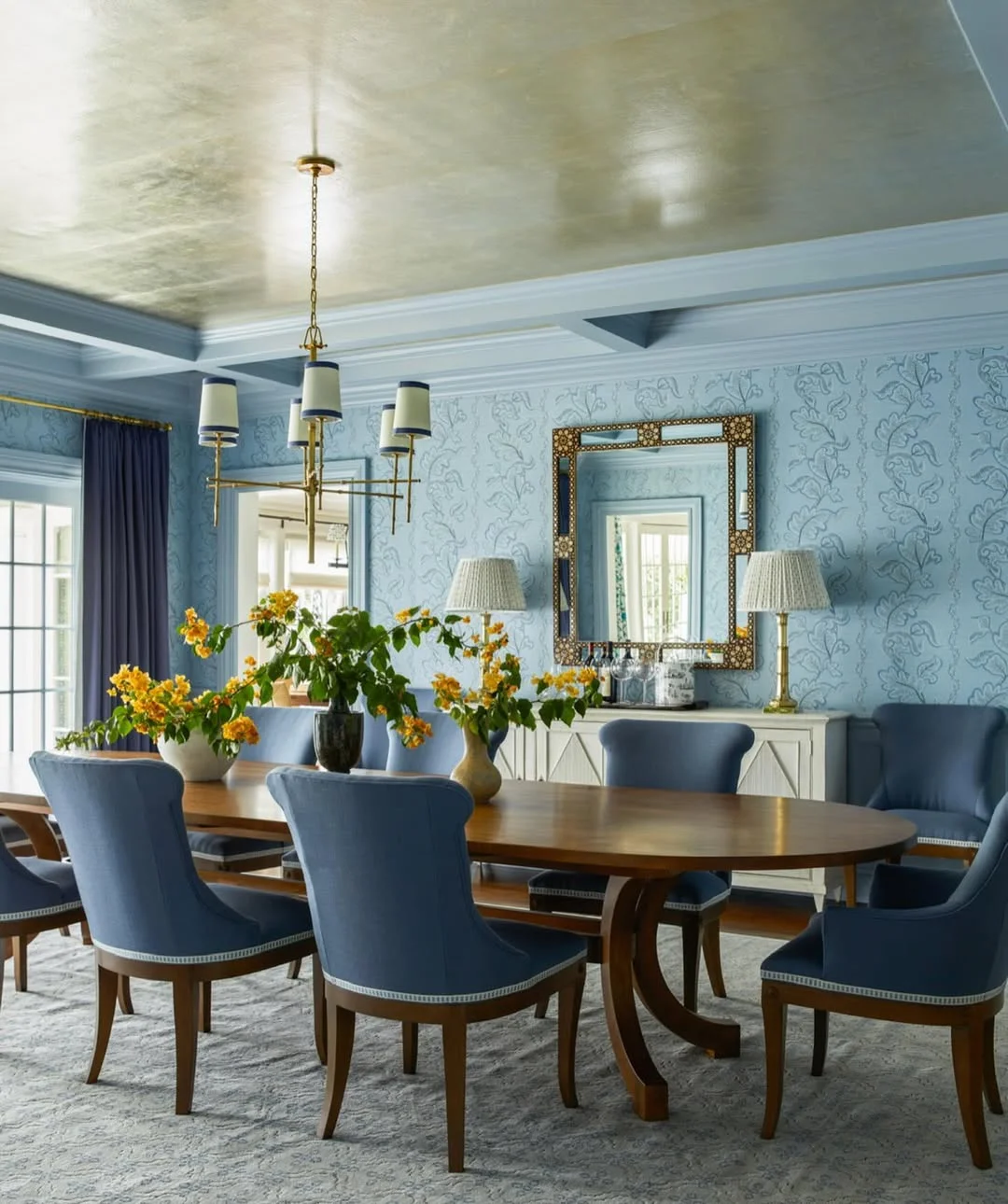 Serene Blue Dining Room with Metallic Accents