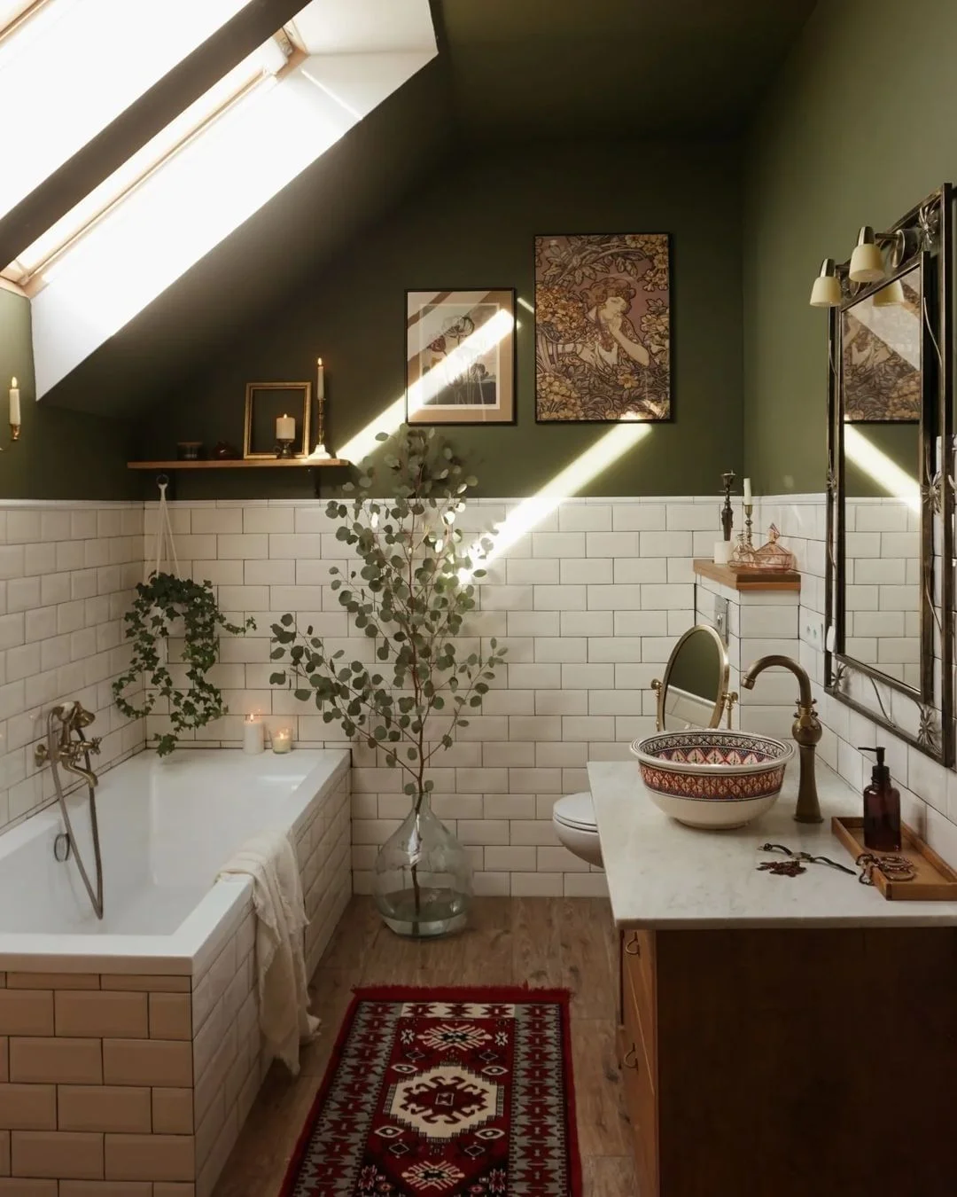 Earthy Attic Bathroom with Vintage Art Nouveau Influences