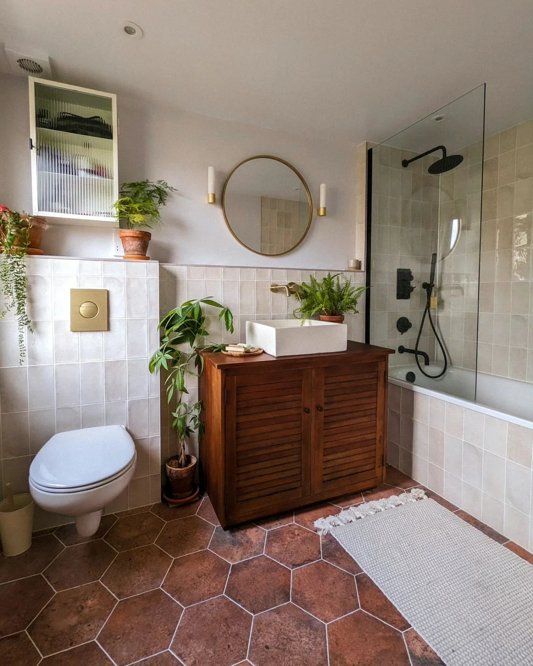 Earthy Bohemian Bathroom with Hexagonal Tiles