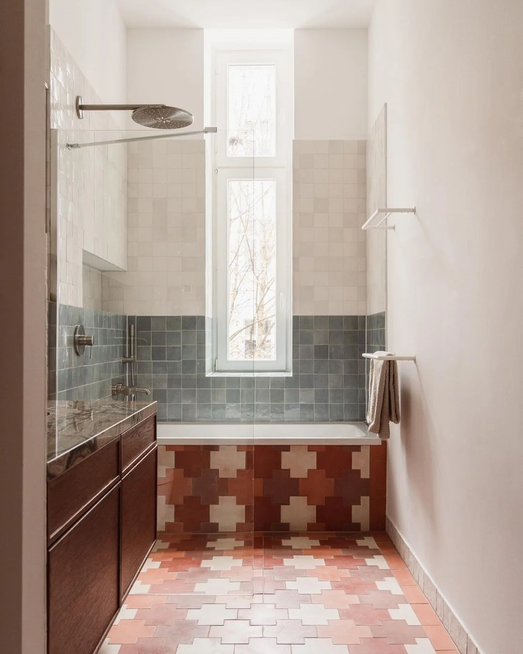 Earthy Bathroom with Geometric Play