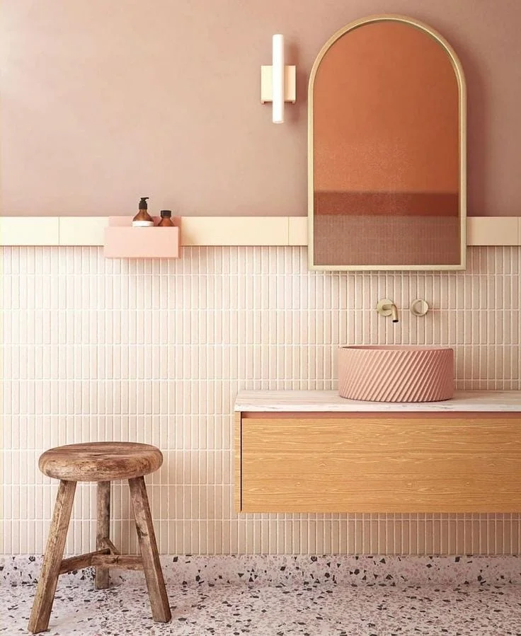 Earthy Bathroom in Pink and Wood Tones