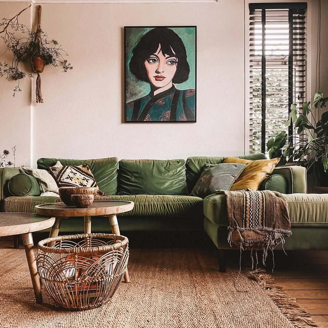 Earthy Bohemian Living Room with Green Velvet Sofa