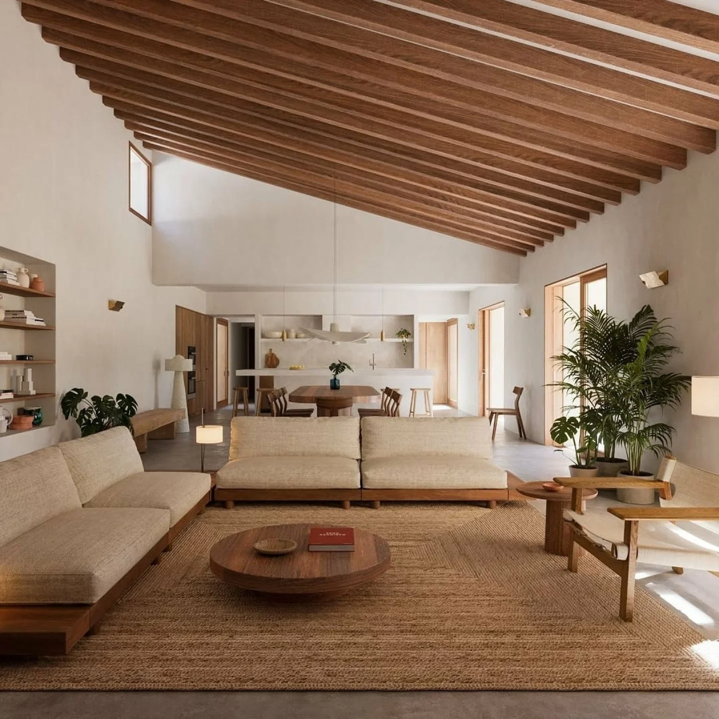 Minimalist Living Room with Exposed Wooden Beams