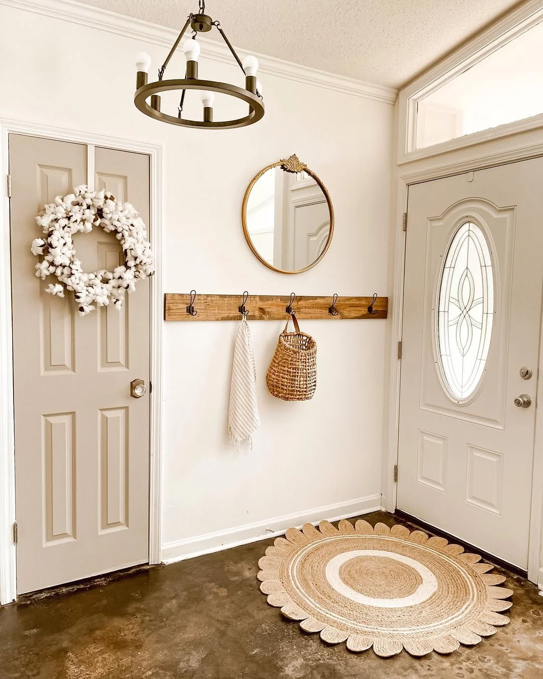 Farmhouse Entryway with Scalloped Jute Rug