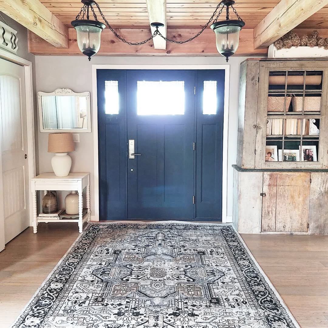 Rustic Entryway with Patterned Rug