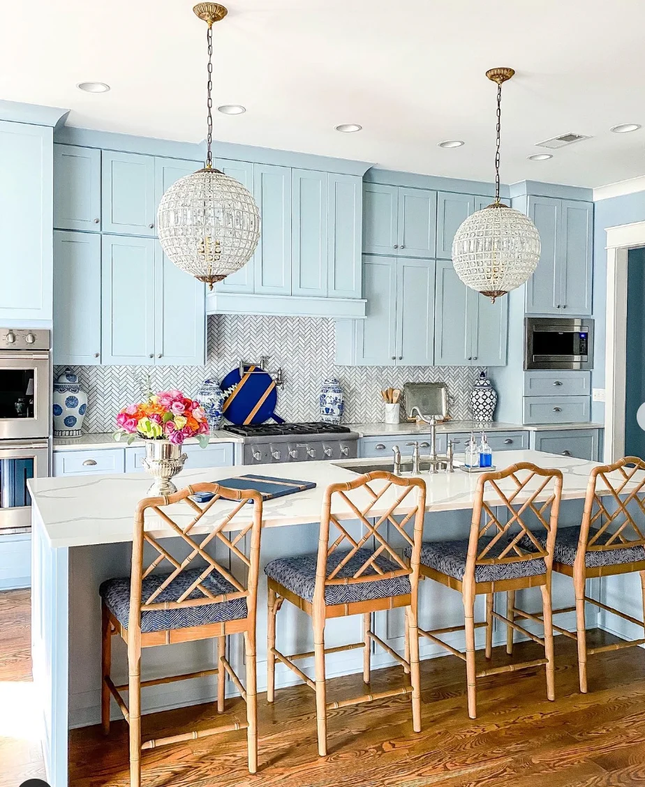 Light Blue Cabinets with Glass Sphere Lights