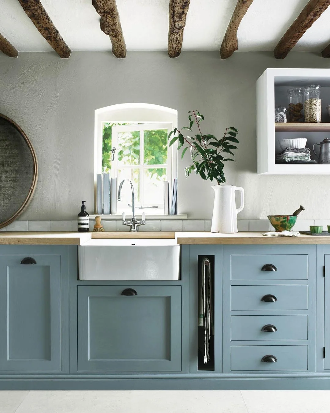 Two-Tone Light Blue Cabinets &amp; Wood Counters