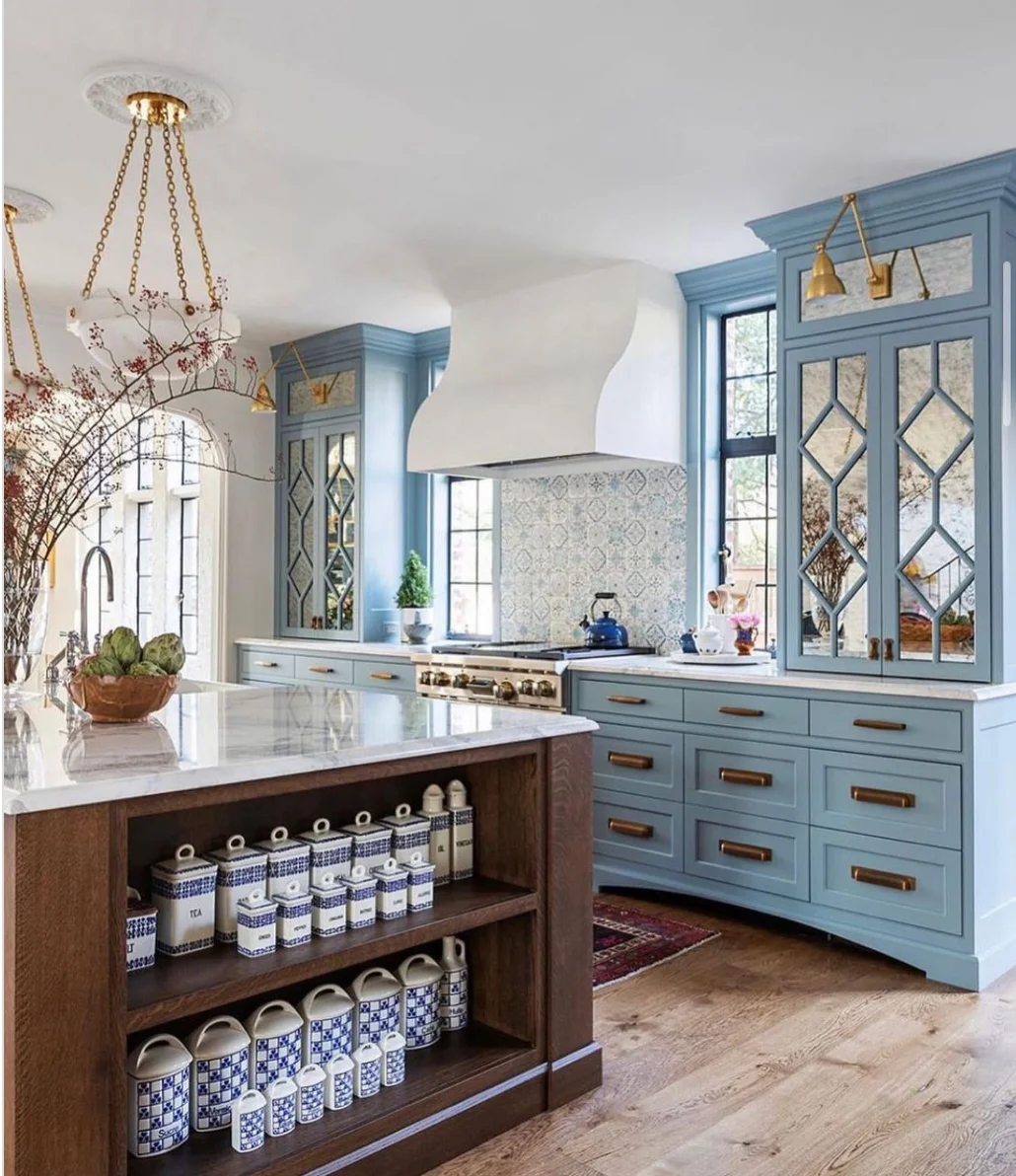 Blue Cabinets with Elegant Glass Doors