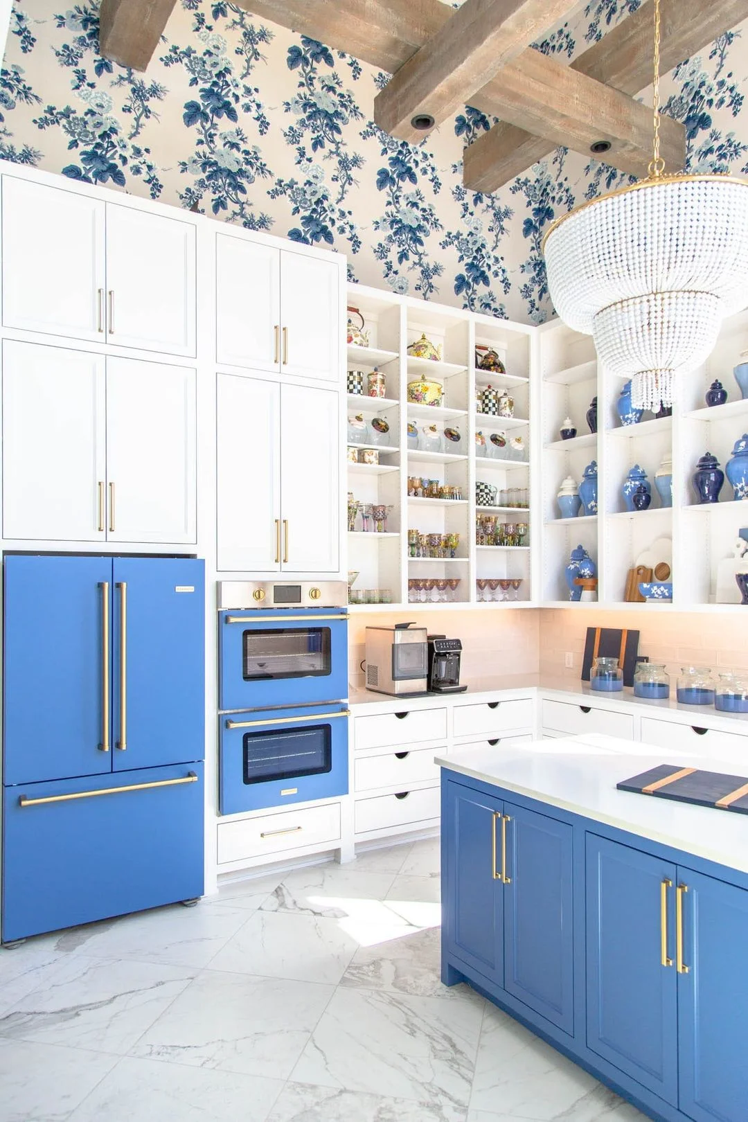 Charming Blue &amp; White Kitchen with Open Shelving