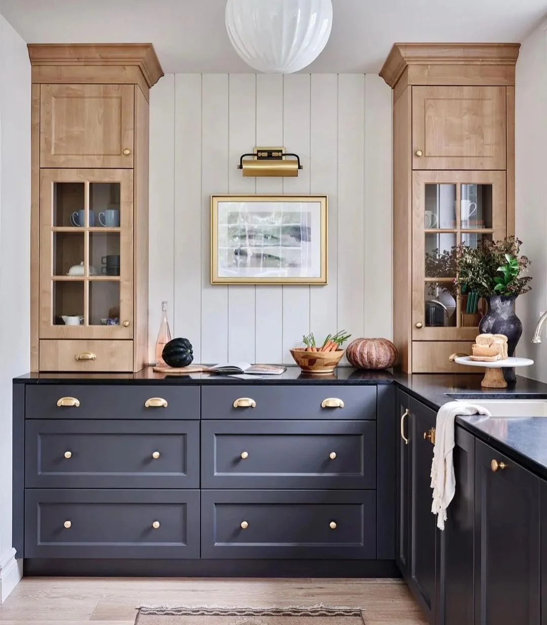 Deep Blue Cabinets with Rustic Wood &amp; Shiplap