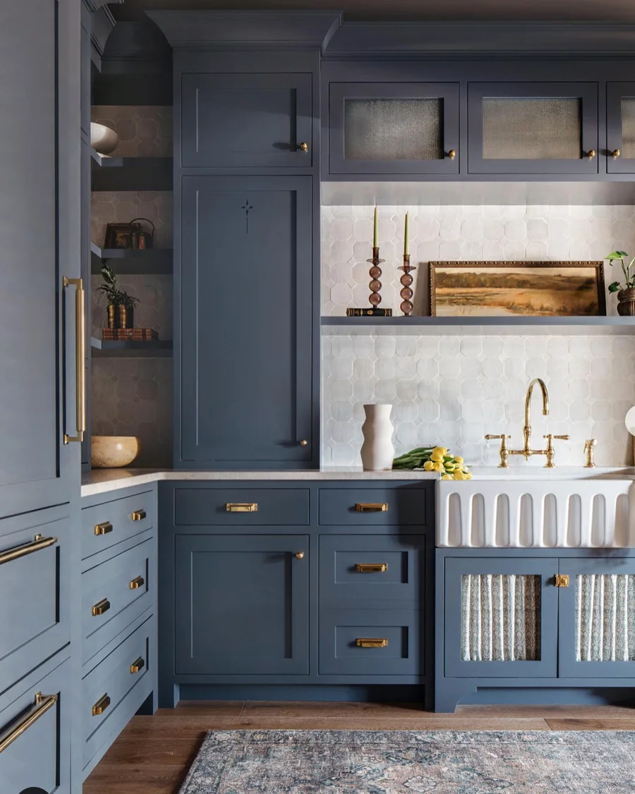 Blue Cabinets with Gold Accents