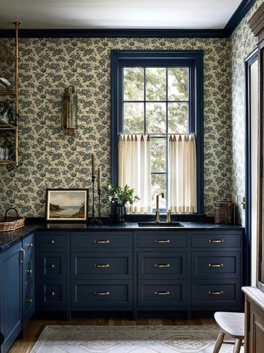 Dark Blue Cabinets and Bold Floral Mural