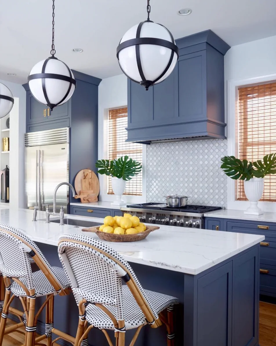 Deep Navy Cabinets with Sphere Lights