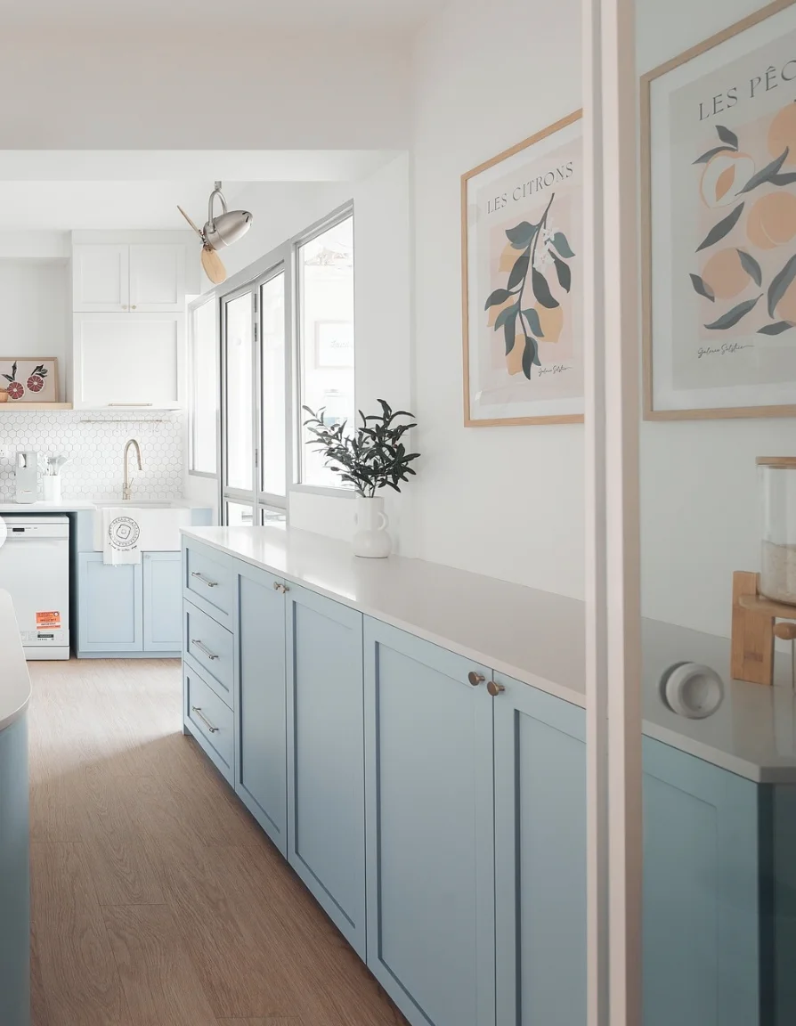 Minimalist White Kitchen With Sky Blue Cabinets