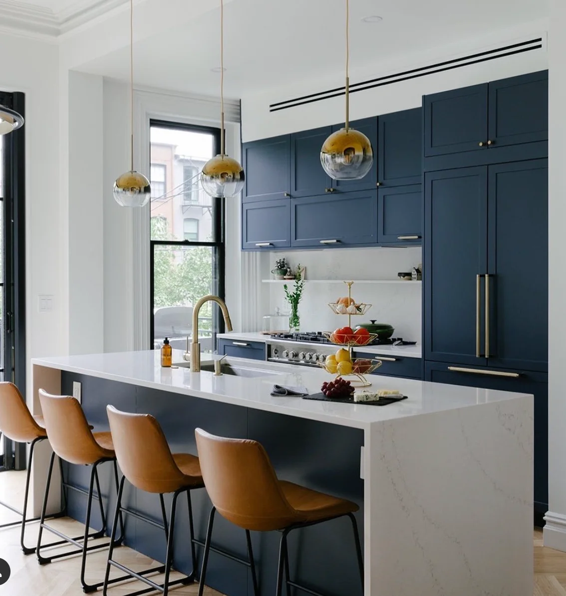 Blue Cabinets, White Countertops &amp; Brown Accents