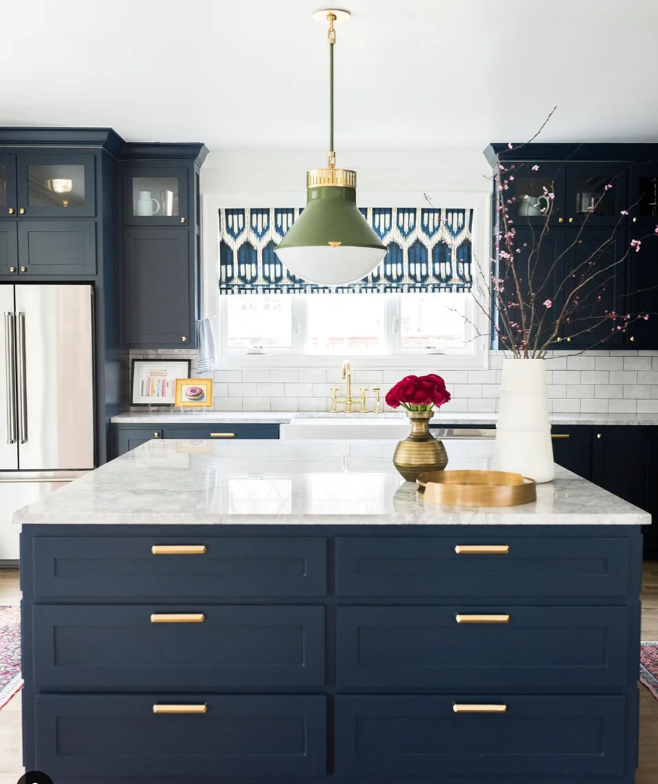 Rustic Blue Cabinets with Subway Tile