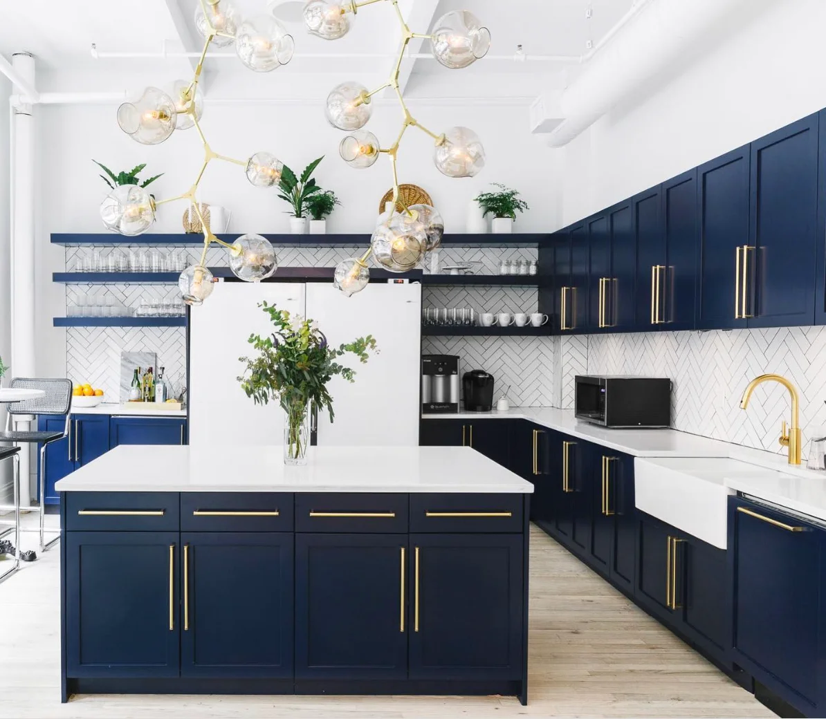 Soft Blue Cabinets with Crisp White Countertops