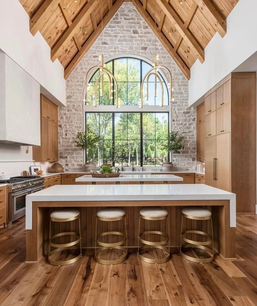 Warm Wood Kitchen with Luxe Gold Details and a Coffered Ceiling