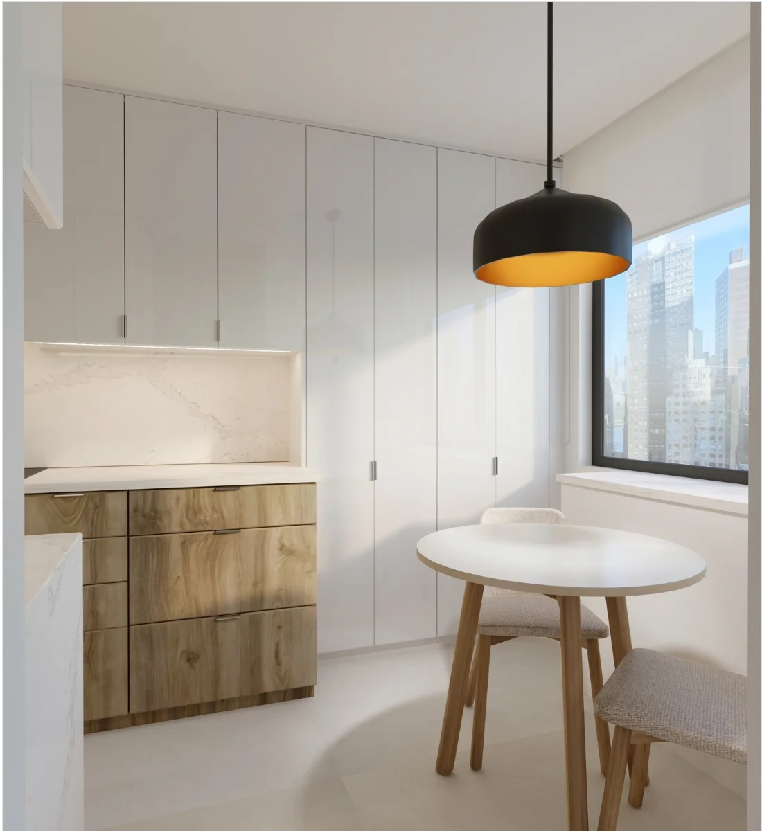 Two-Toned White and Wood Cabinets that Reach the Ceiling