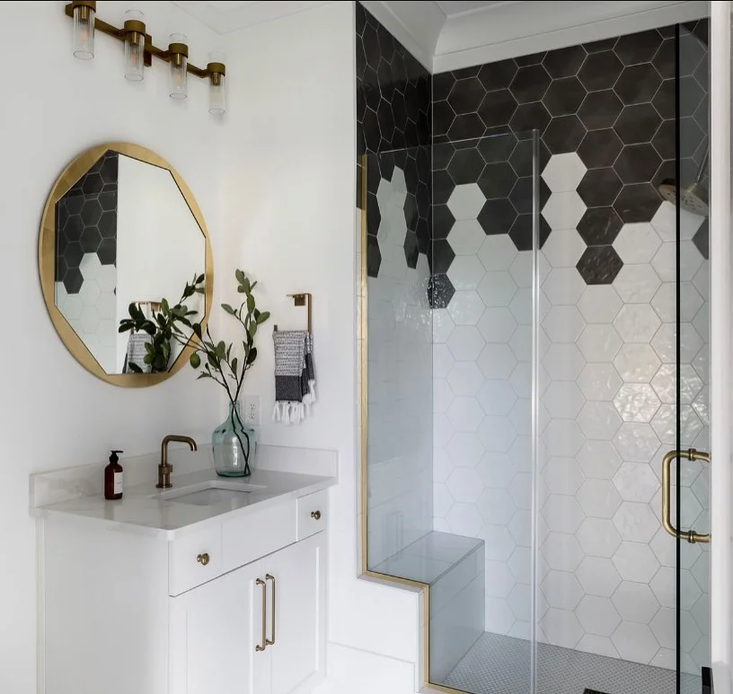 Modern White &amp; Black Bathroom with Hexagon Tile