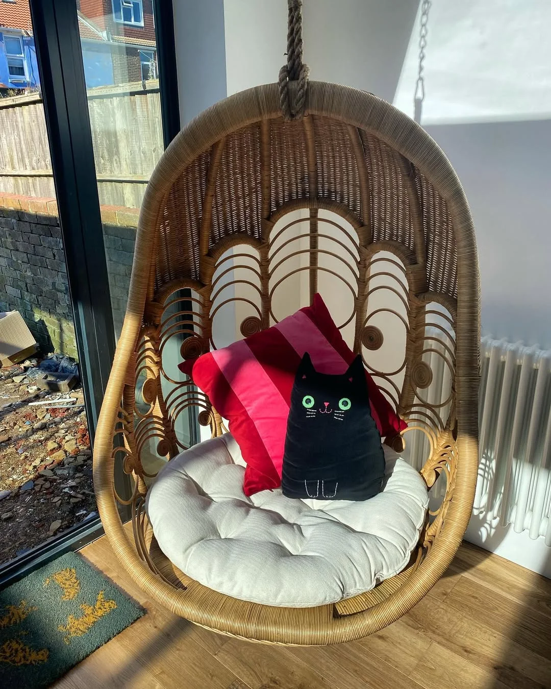 Wicker Hanging Chair with Cat Cushion