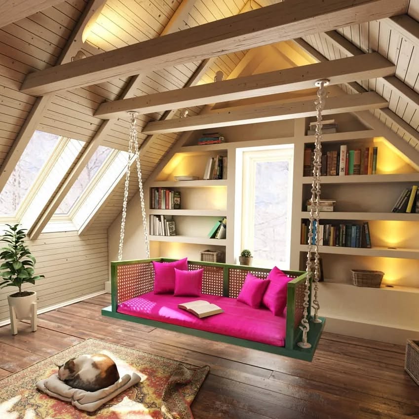 Hanging Daybed in a Book Lover&#39;s Attic