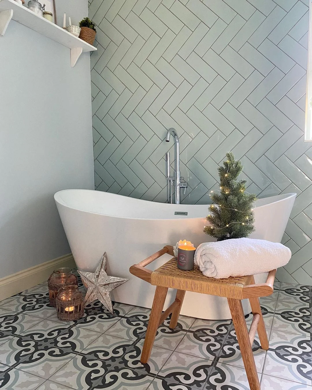 Spa-like Green Herringbone Bathroom