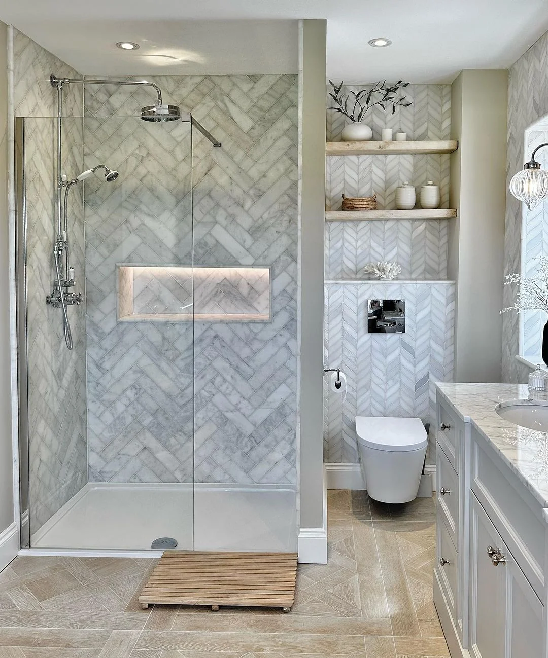 Serene Marble Herringbone Bathroom