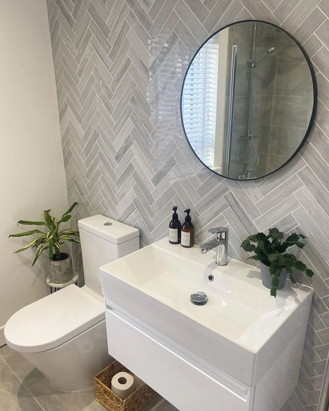 Modern Grey Herringbone Bathroom