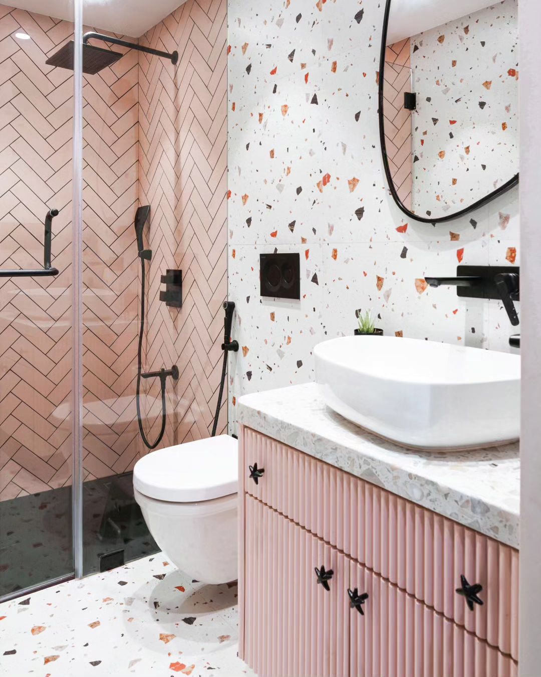 Playful Pink &amp; Terrazzo Herringbone Bathroom