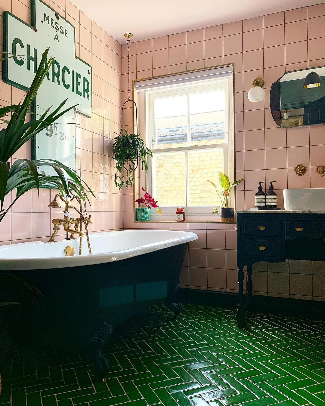 Pink &amp; Green Herringbone Bathroom