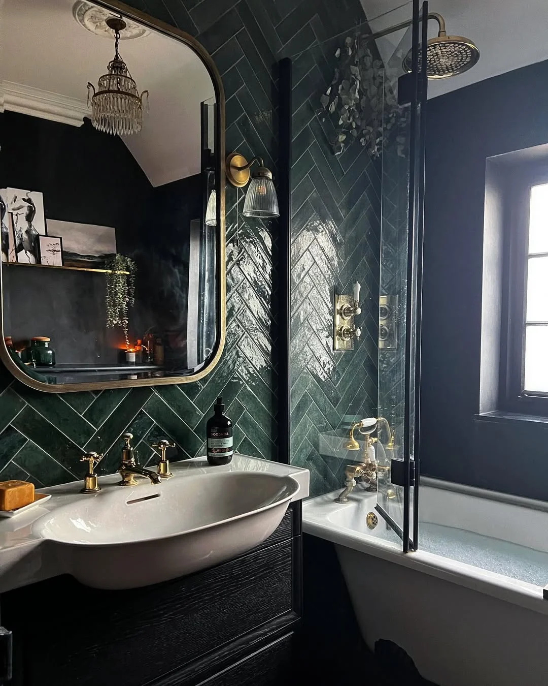 Moody Emerald Herringbone Bathroom