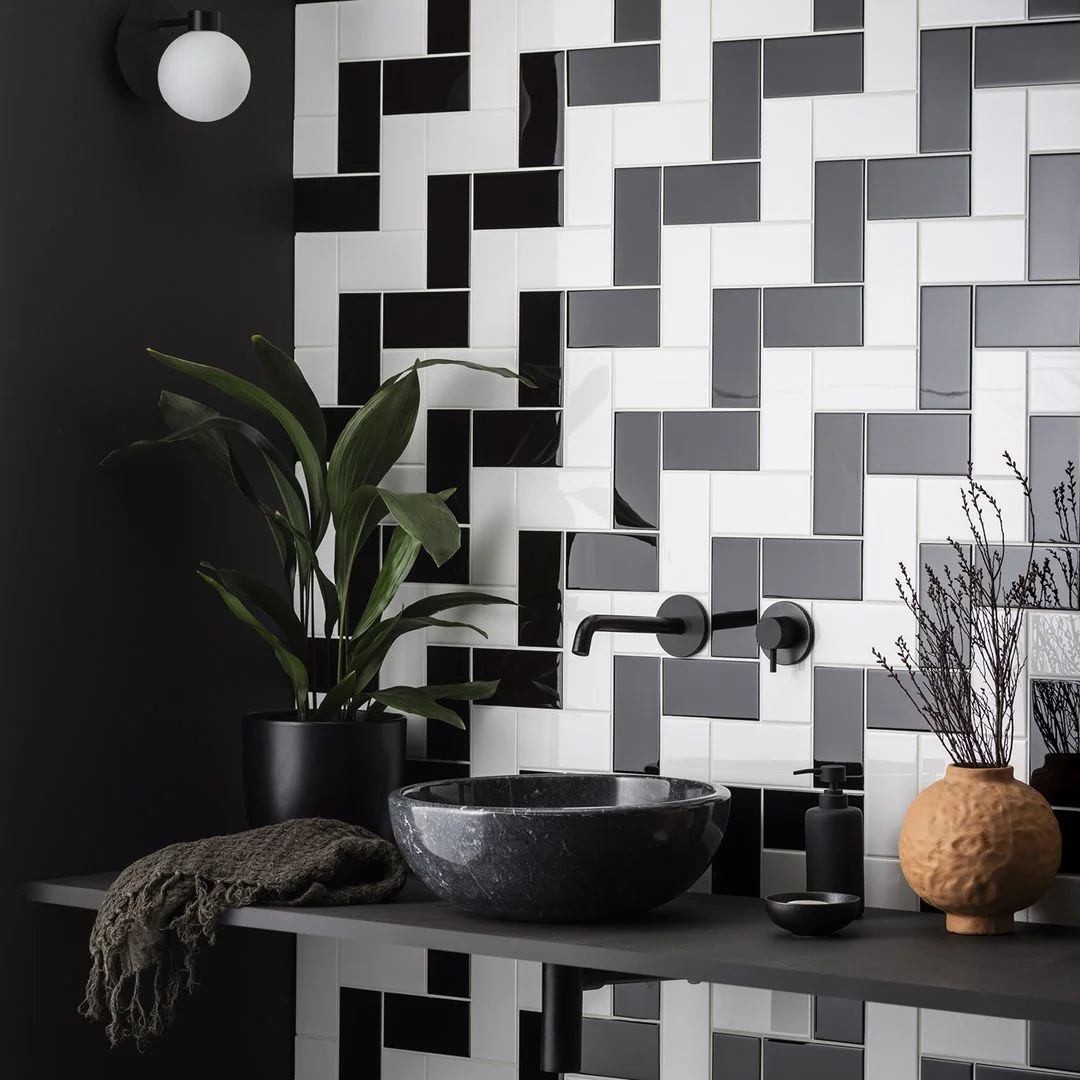 Modern Monochrome Herringbone Bathroom