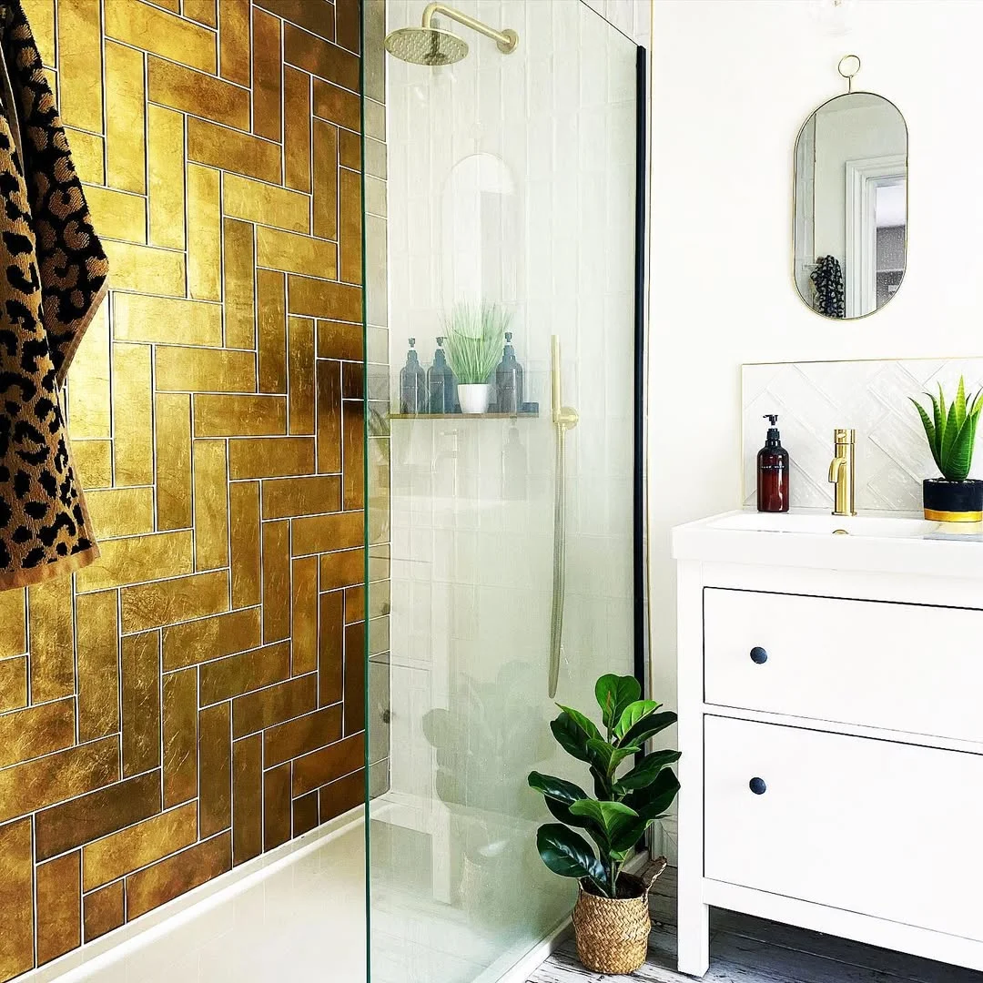 Gold Herringbone Glam Bathroom