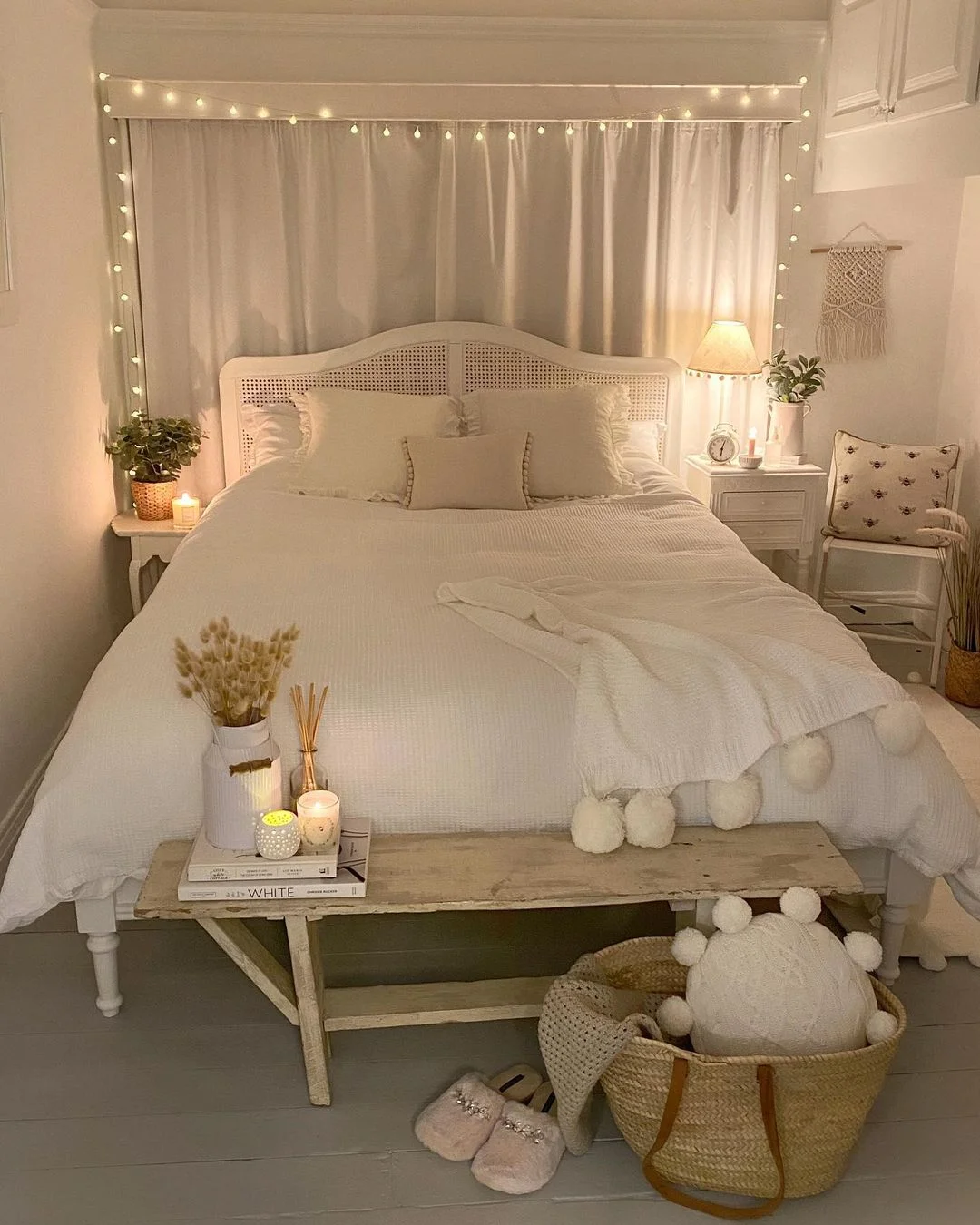 Cozy White Bedroom with Fairy Lights