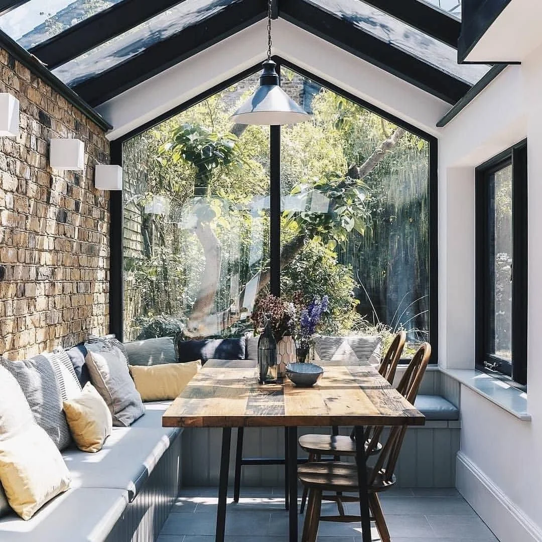 Rustic-Industrial Sunroom Dining Area