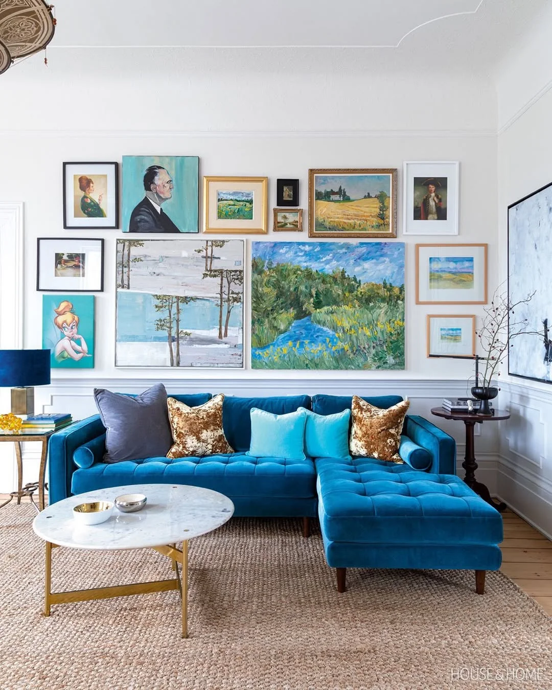 Bold Blue &amp; Eclectic Gallery Wall Living Room