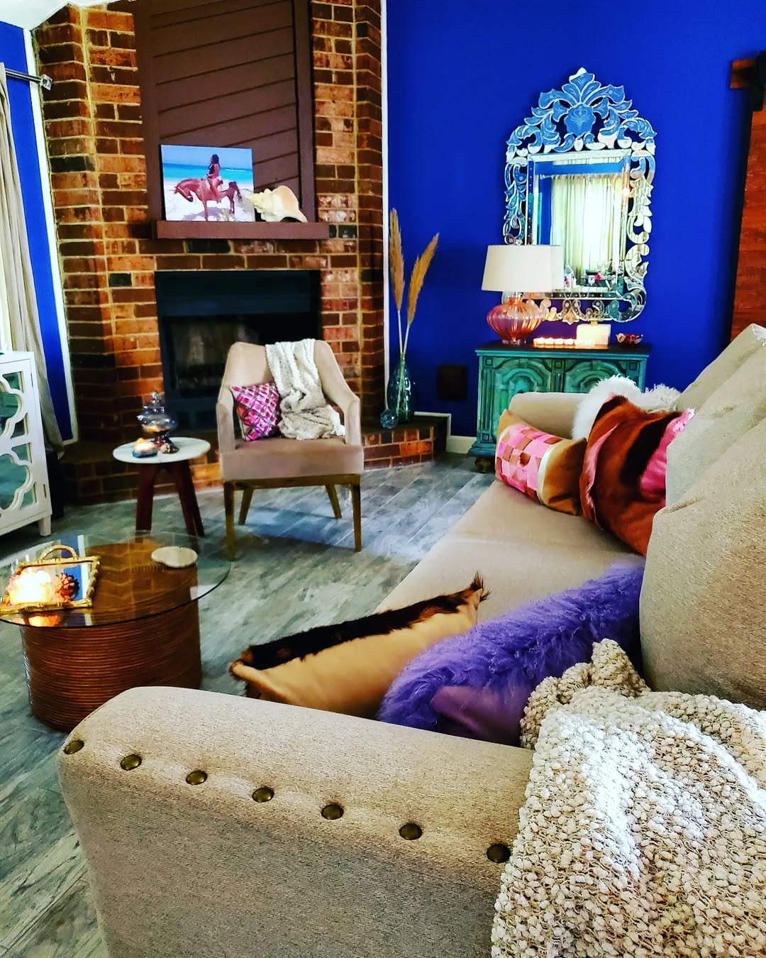 Eclectic Living Room with Cobalt Blue Walls