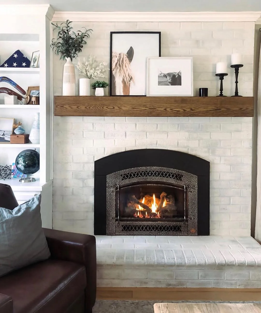 Cozy Limewash Brick Fireplace