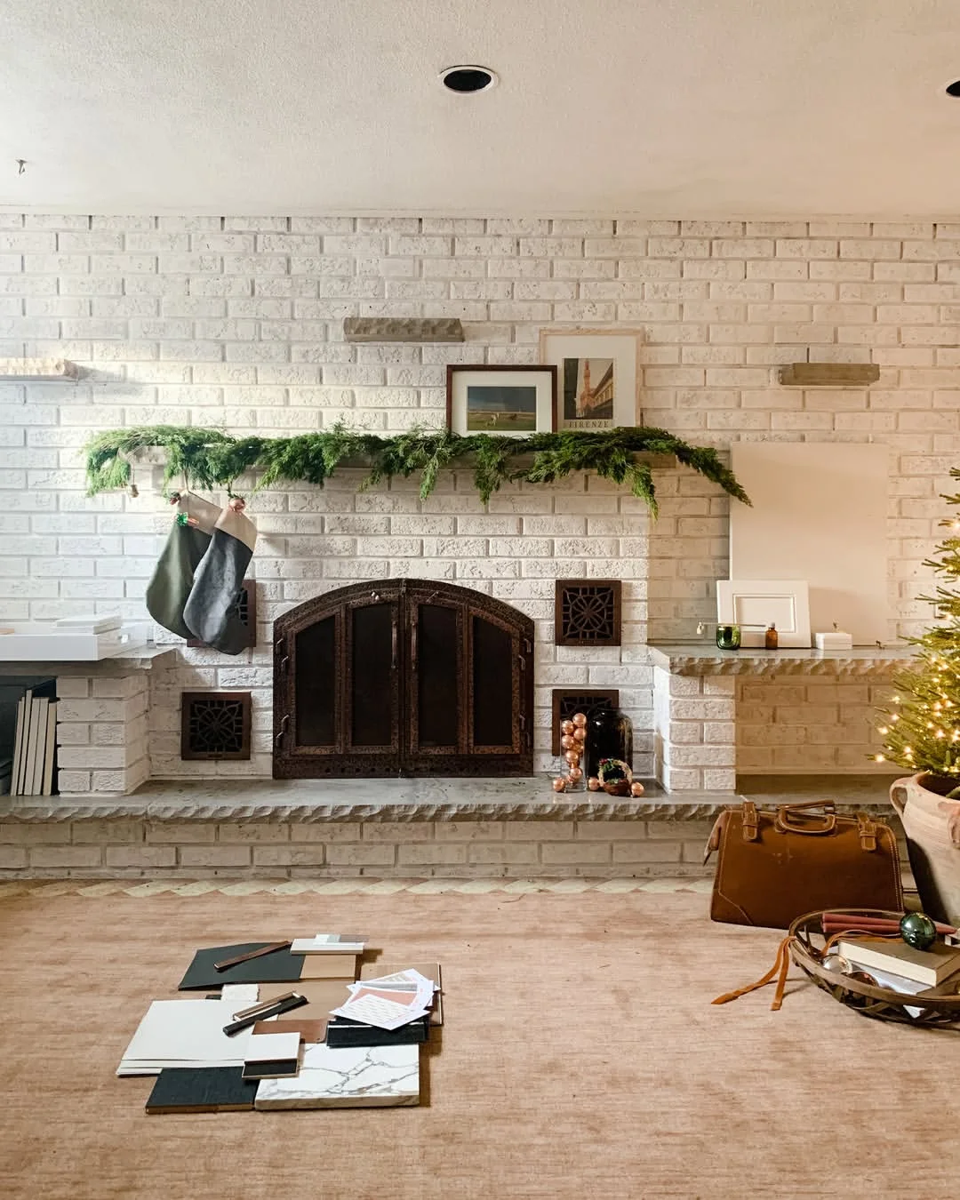 Lime Brick Fireplace with Christmas Garland